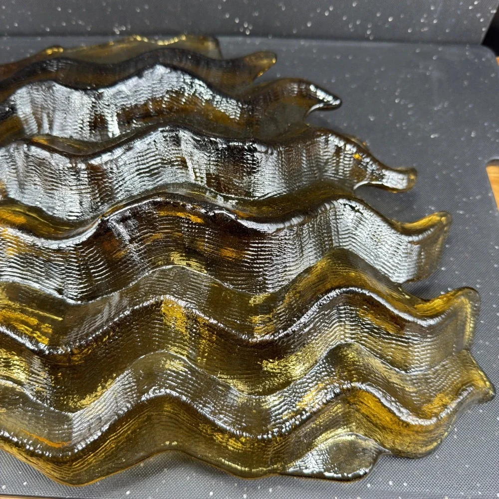 Hudson‎ Beach Amber Gold Textured Wavy Art Glass Centerpiece Bowl 13in Blown
